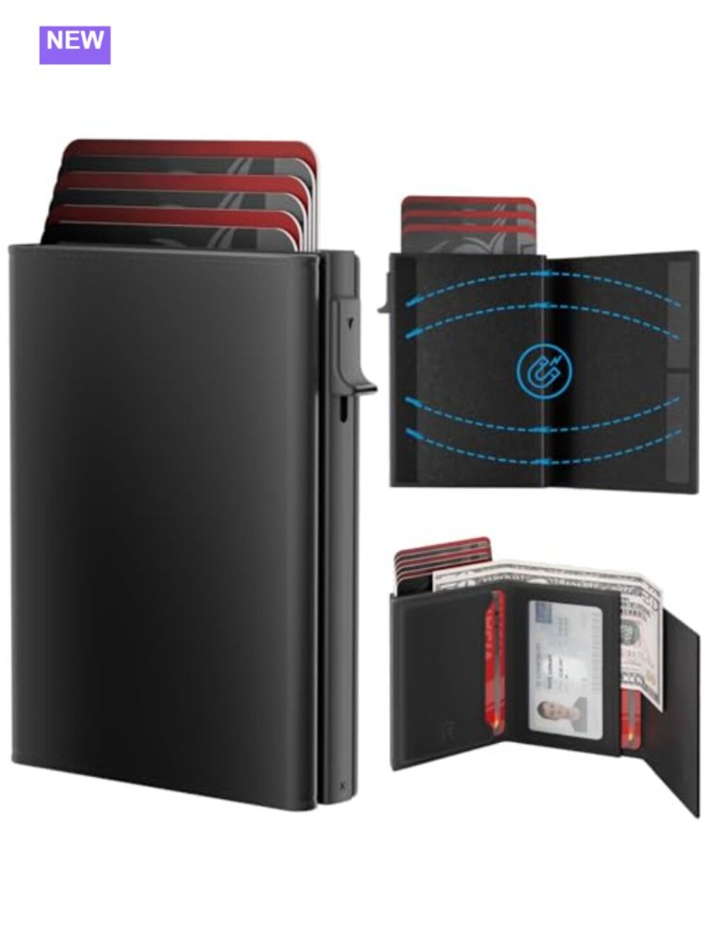 Mens Pop Up Card Holder Wallet Top Grain Leather RFID Blocking Slim Front Pocket